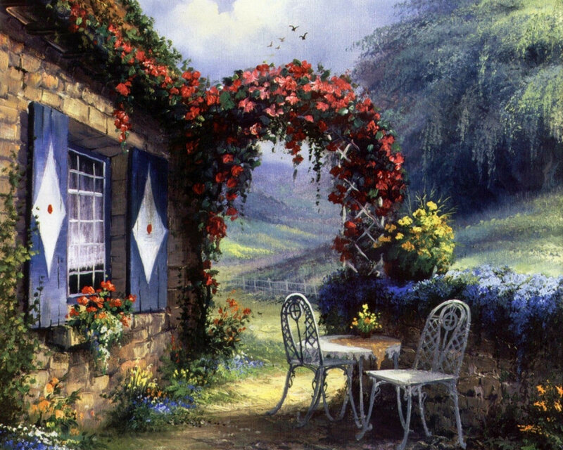 Garden Cottage Scene — Red