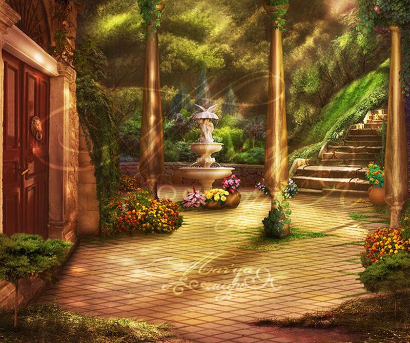 Garden Courtyard with Fountain — Green, Serene
