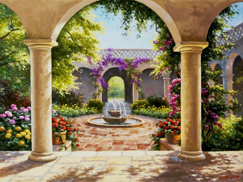 Garden Courtyard with Fountain — Green