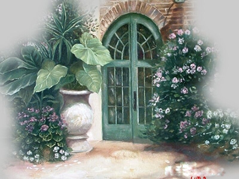 Garden door with potted plants