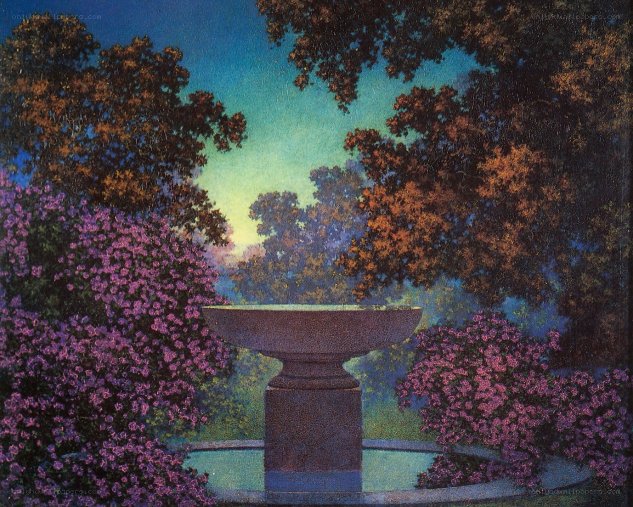 Garden fountain at dusk