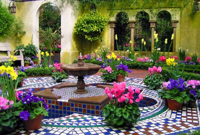 Garden Fountain with Flowers — Blue, Serene