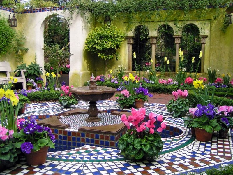 Garden Fountain with Flowers — Blue