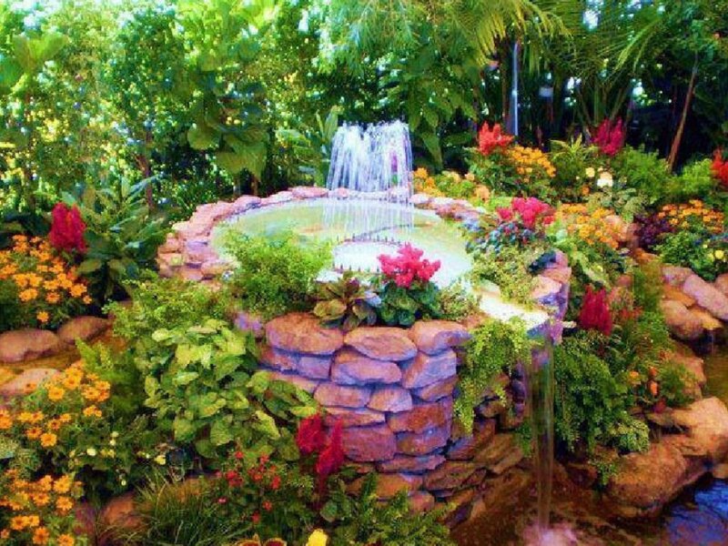 Garden Fountain with Flowers — Green, Serene, Afternoon