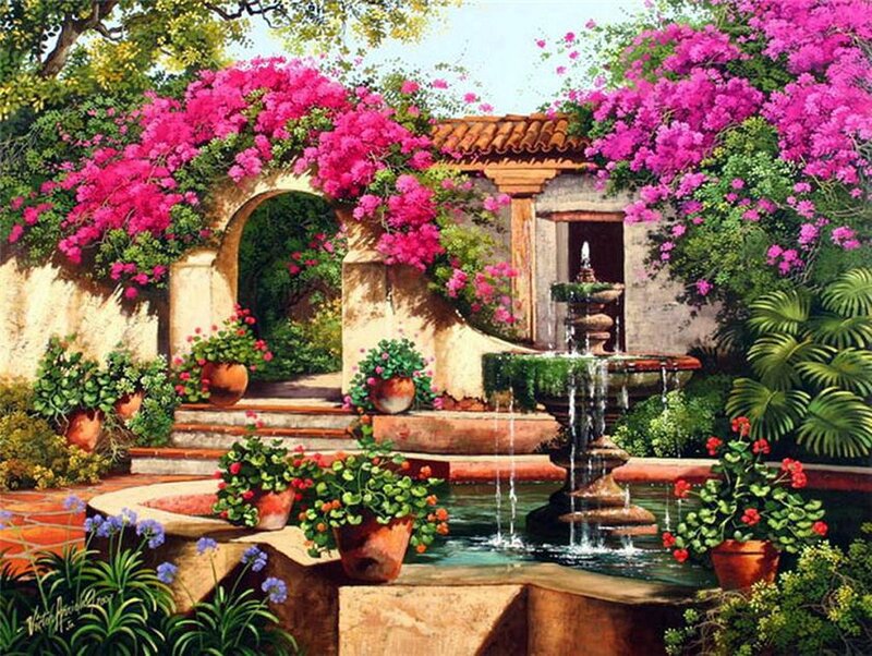 Garden Fountain with Flowers — Pink