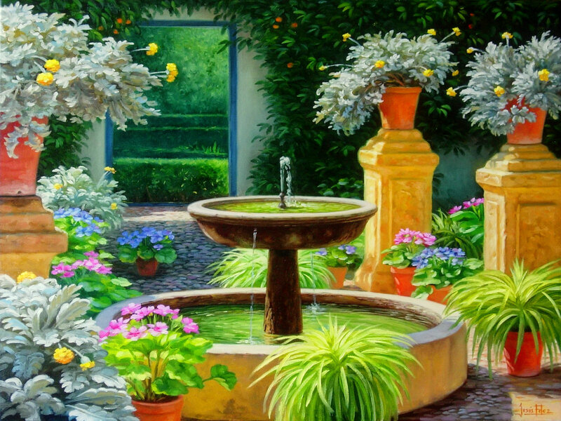 Garden Fountain with Plants