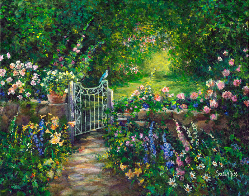 Garden gate with blooming flowers