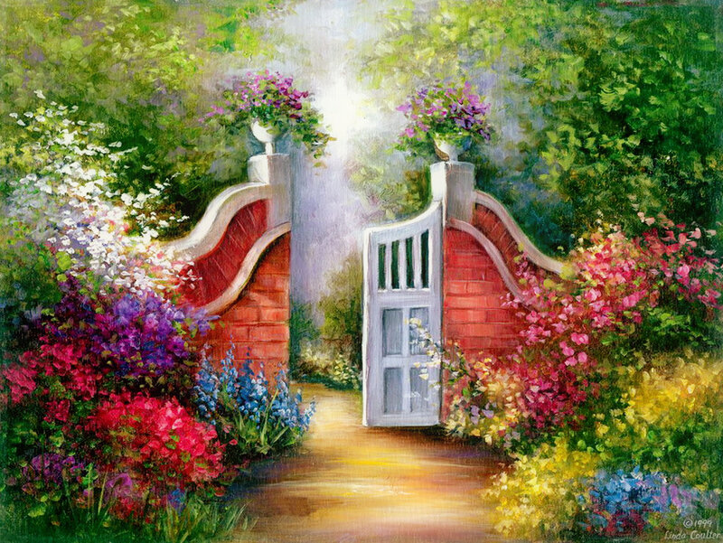 Garden Gate with Flowers — Green, Serene, Afternoon, Painting