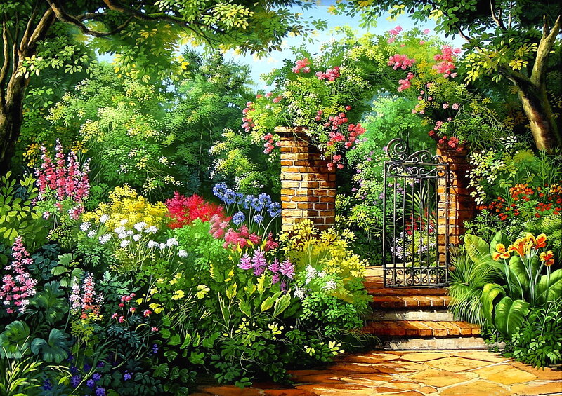 Garden Gate with Flowers — Green, Serene, Afternoon