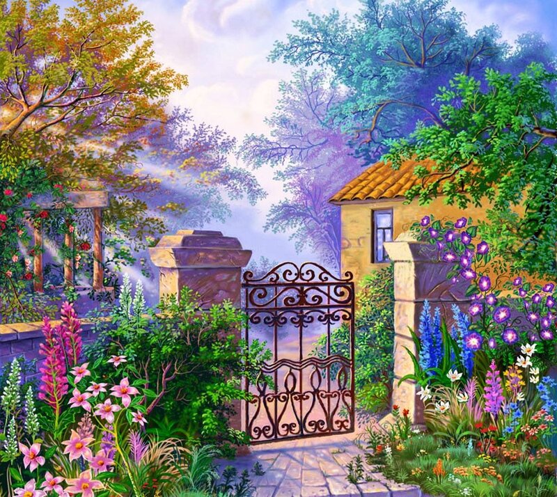 Garden Gate with Flowers — Green, Serene, Morning, Painting