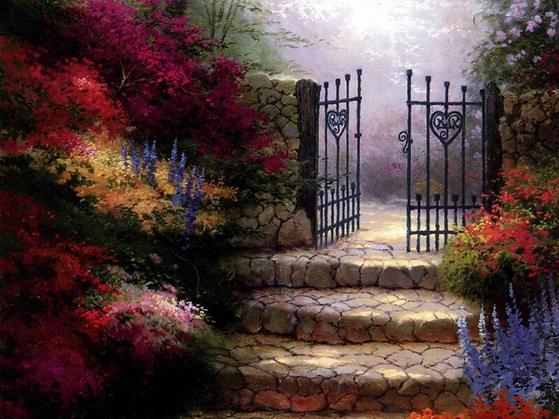 Garden Gate with Flowers — Red, Serene