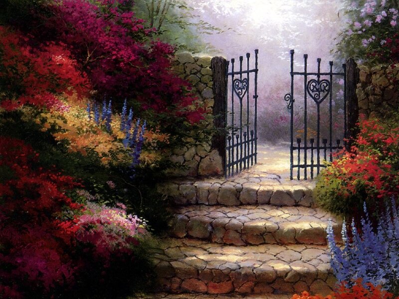 Garden Gate with Flowers — Red