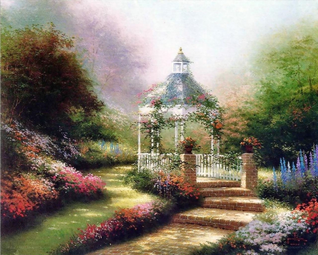 Garden gazebo in mist