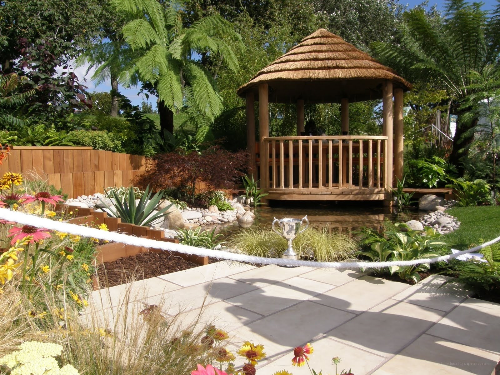 Garden gazebo with pond