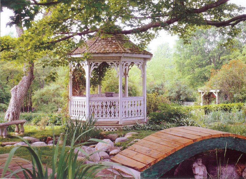 Garden gazebo with wooden bridge
