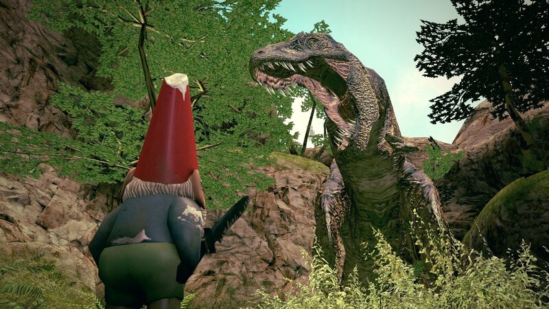 Garden Gnome Facing Dinosaur