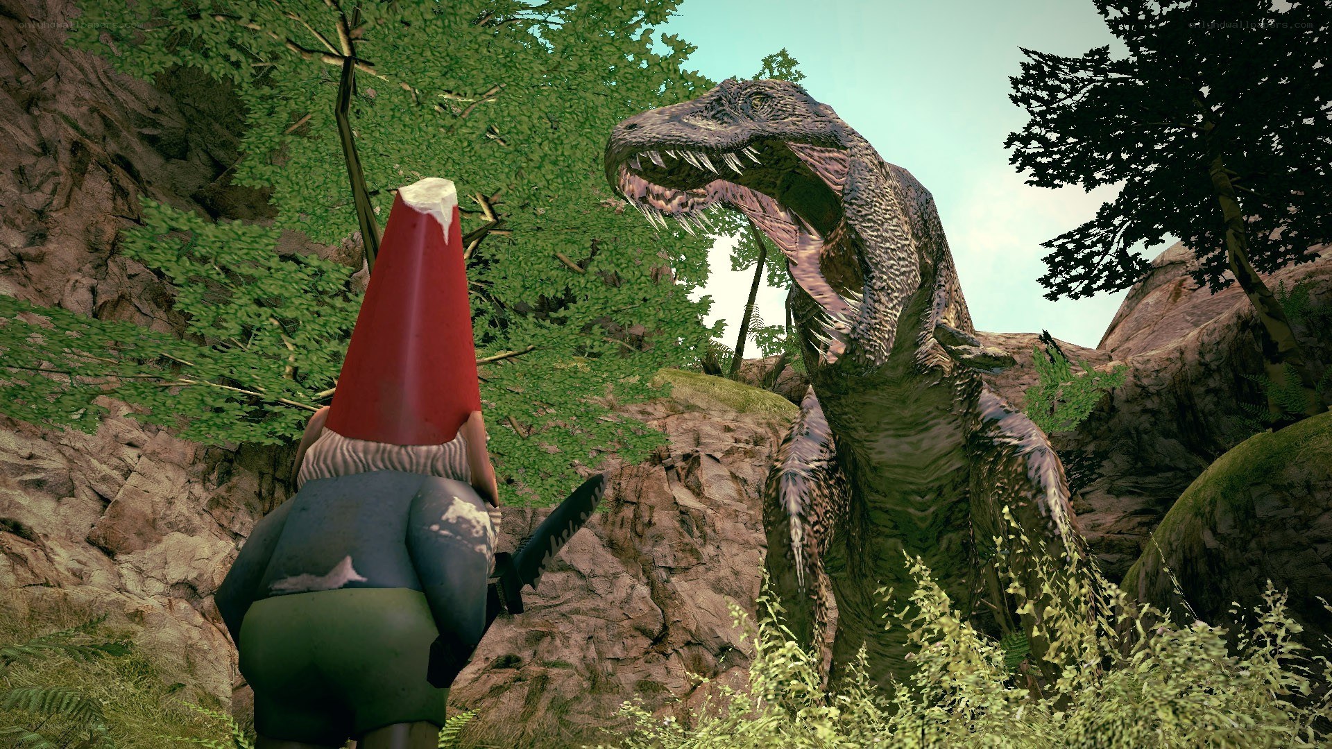 garden gnome vs dinosaur