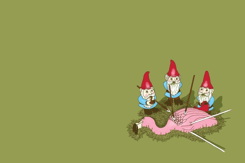 Garden Gnomes Attacking Flamingo — Green, Dark Humor
