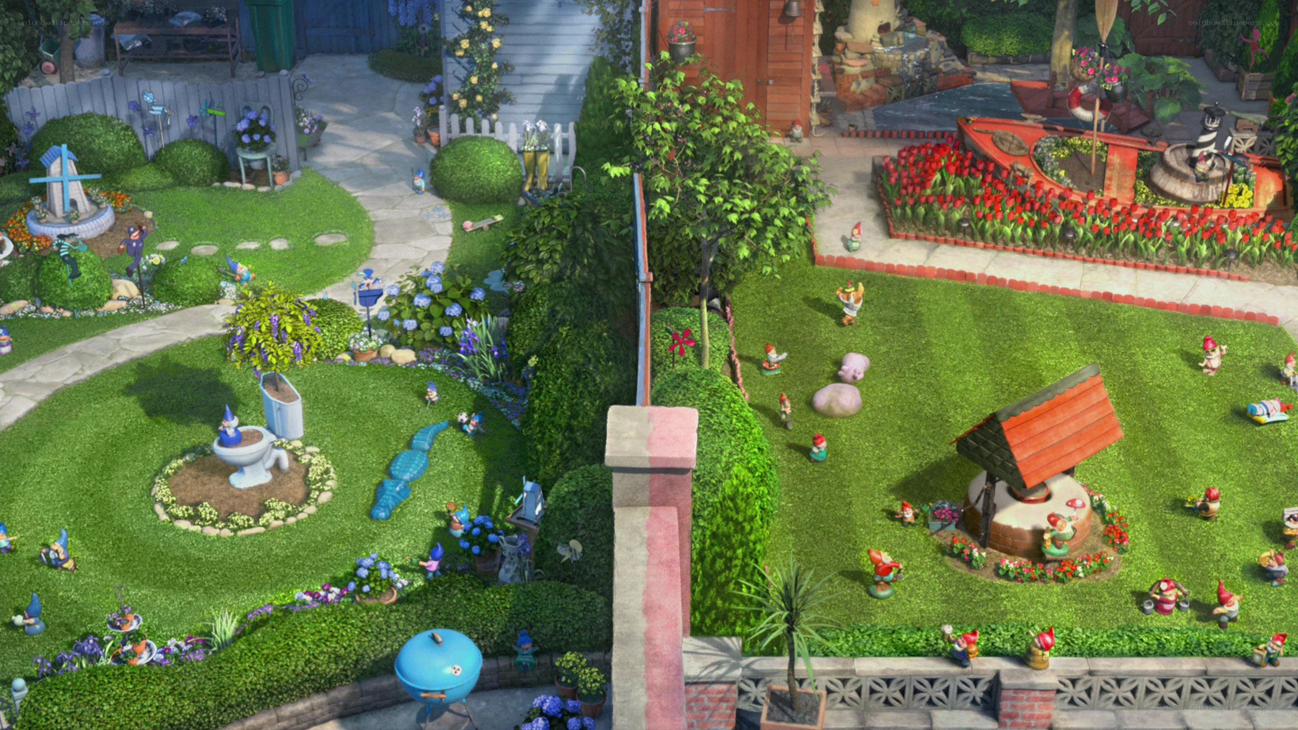 Garden gnomes in a vibrant yard