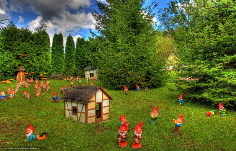 Garden gnomes in a whimsical landscape