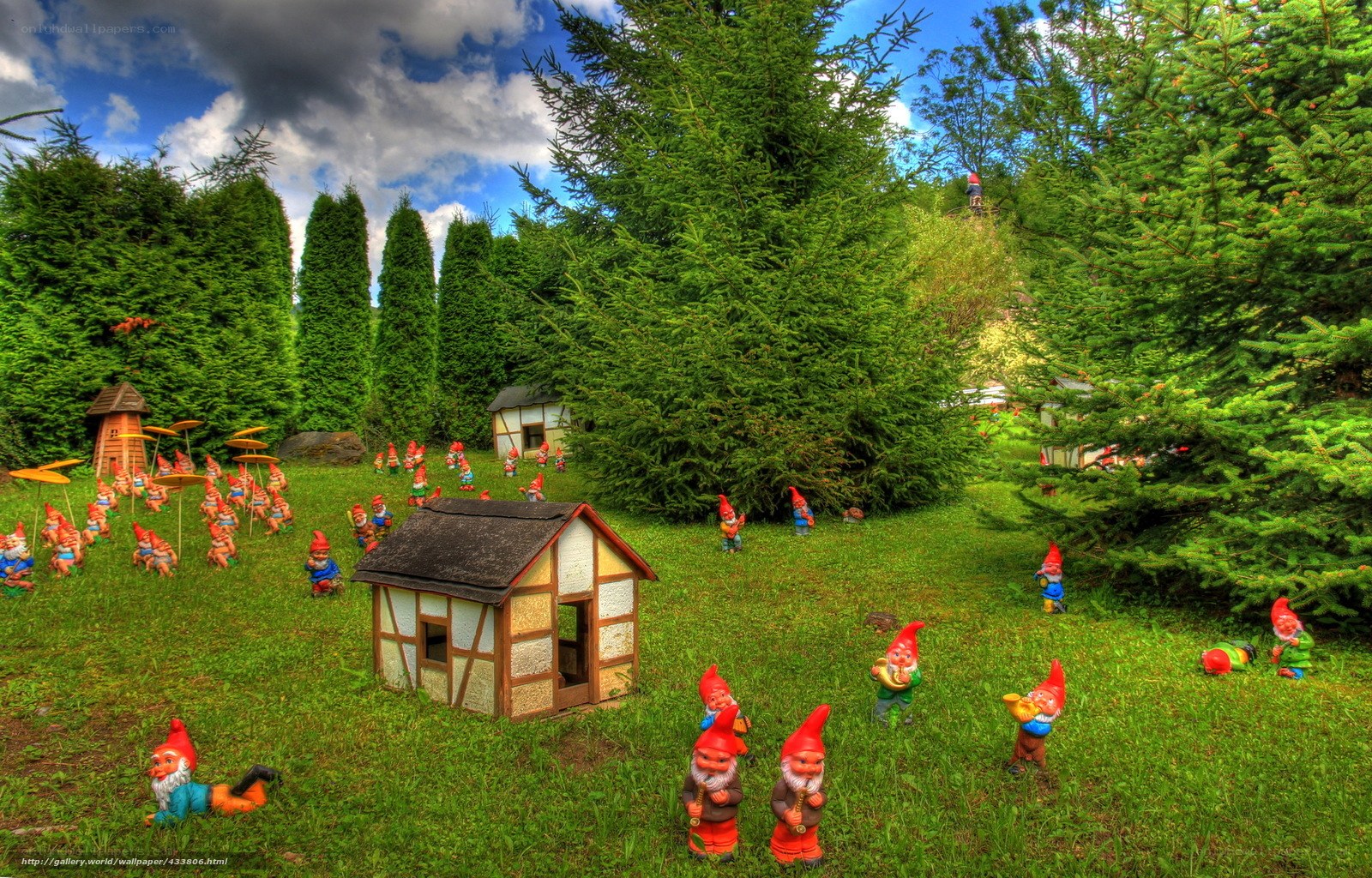 Garden gnomes in a whimsical landscape