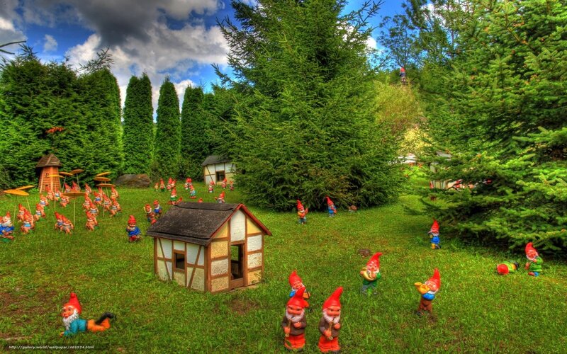 Garden gnomes in a whimsical yard