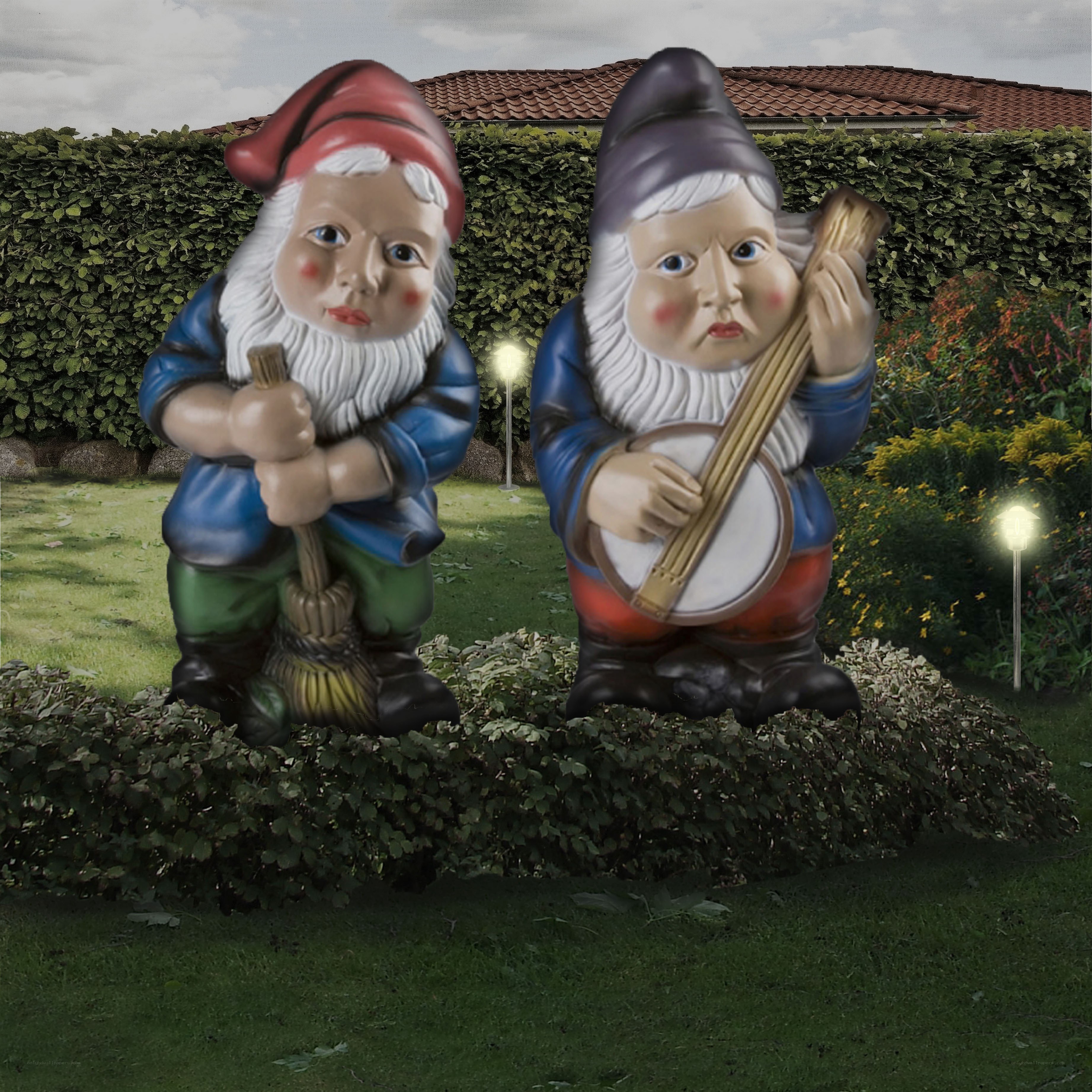 Garden gnomes with broom and banjo