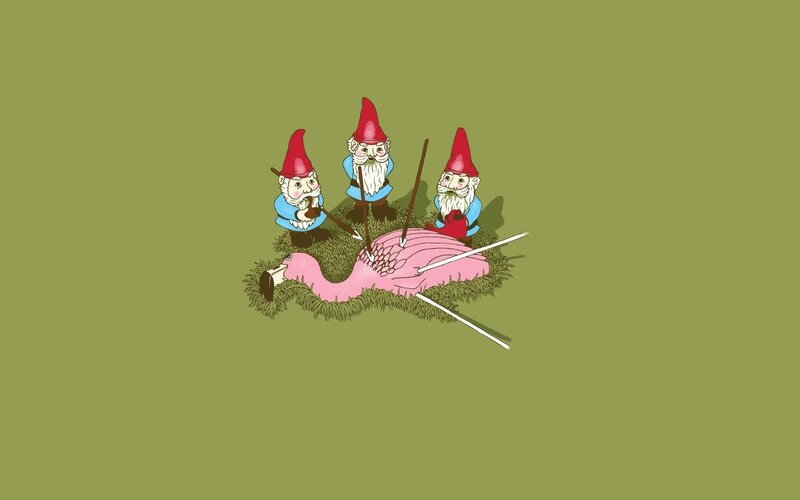 Garden Gnomes with Flamingo — Green, Humorous, Illustration, Grass