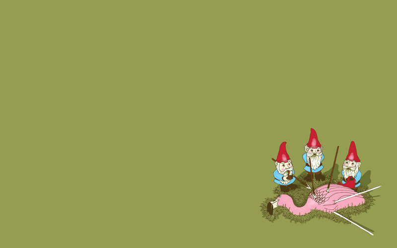 Garden Gnomes with Flamingo — Green, Humorous, Illustration