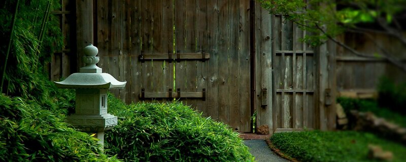 Garden lantern by wooden gate