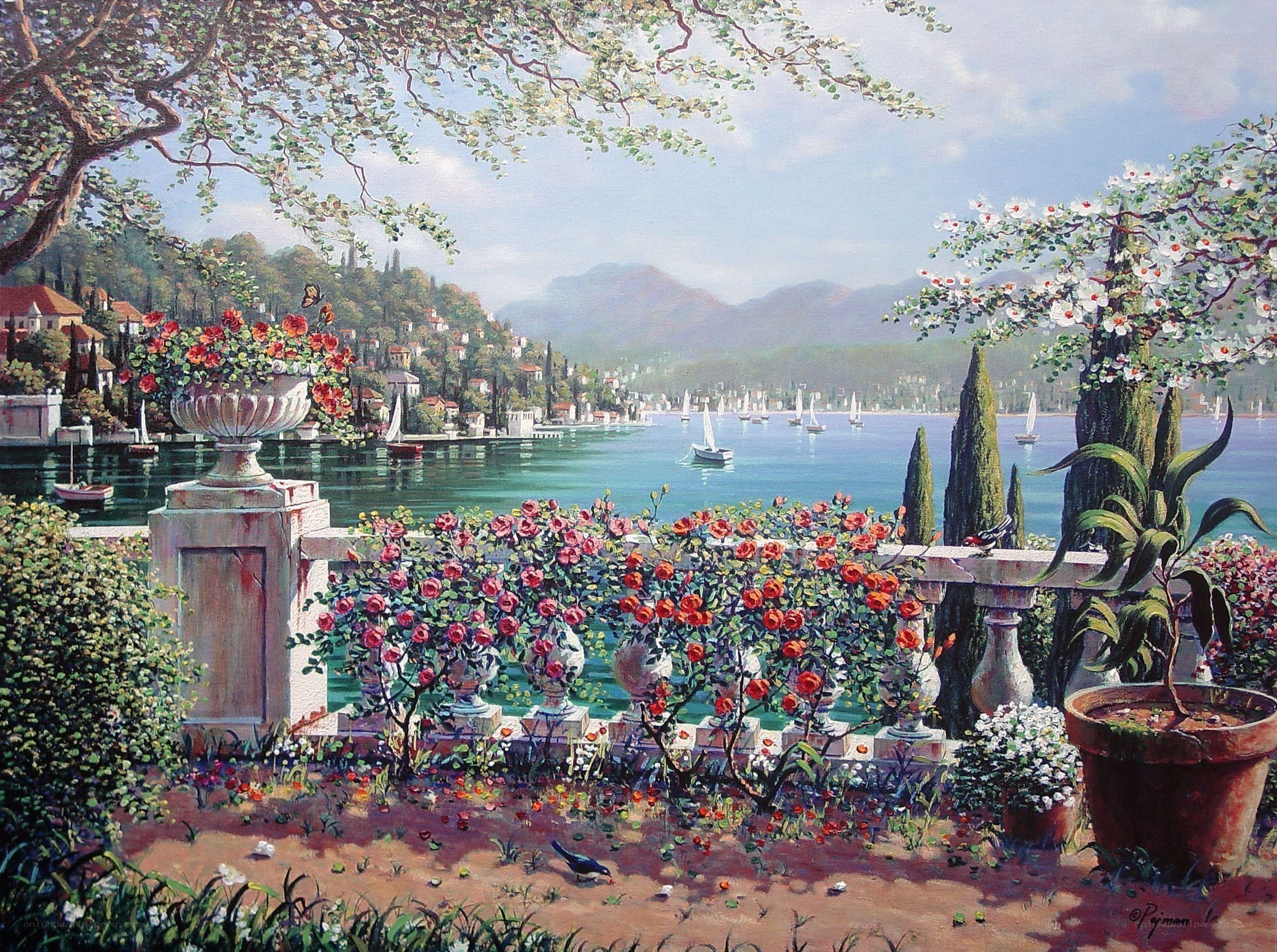 Garden overlooking a coastal town