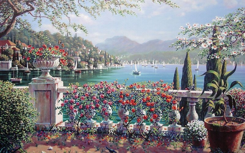 Garden overlooking a coastal town