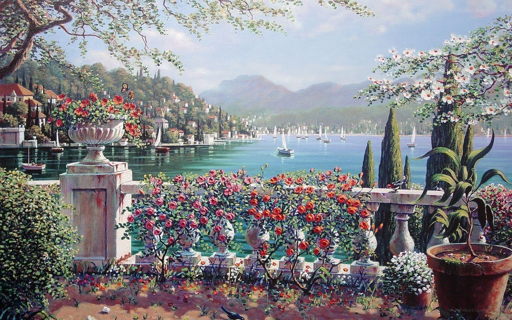Garden overlooking a coastal town