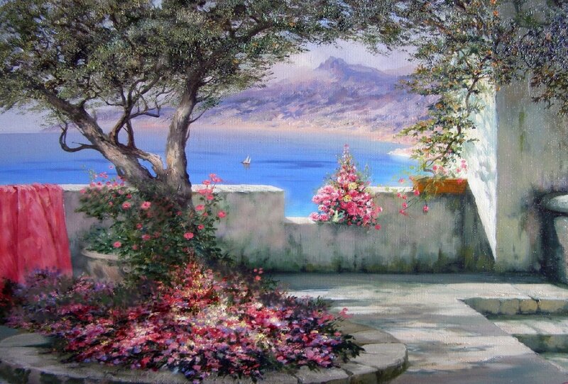 Garden Overlooking Sea — Blue, Serene, Afternoon, Painting, Tree, Flowers