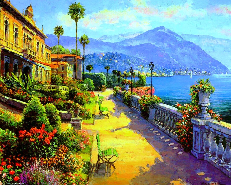 Garden Path by Lake — Blue