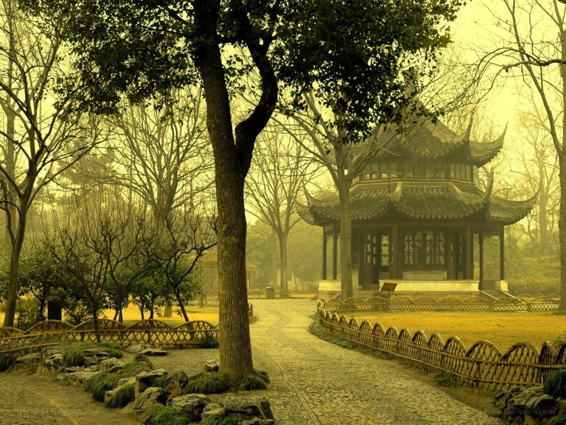 Garden path to a traditional pavilion