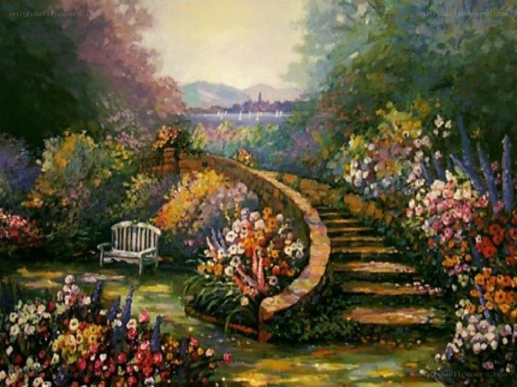 Garden path with bench and flowers