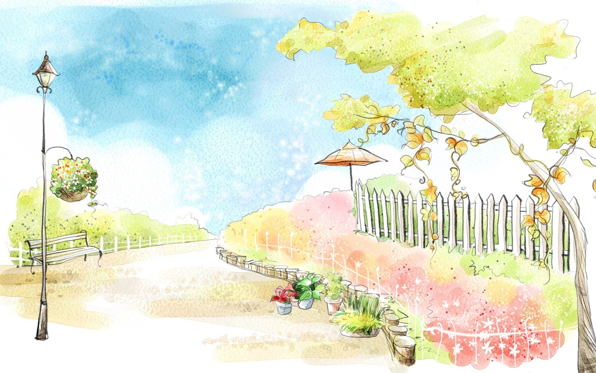 Garden path with bench and flowers