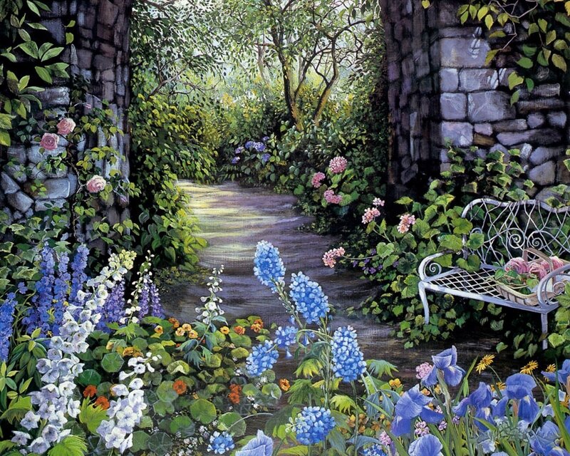 Garden Path with Bench — Blue, Serene, Afternoon