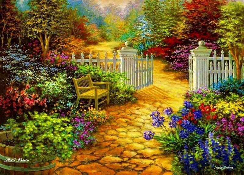 Garden Path with Bench — Green, Serene, Afternoon, Painting, Fence
