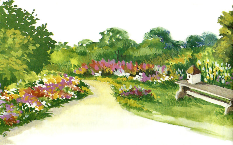 Garden Path with Bench — Green, Serene, Afternoon, Painting, Flowers