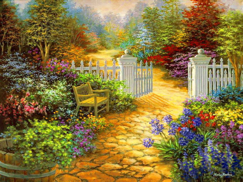 Garden Path with Bench — Green, Serene, Afternoon, Painting