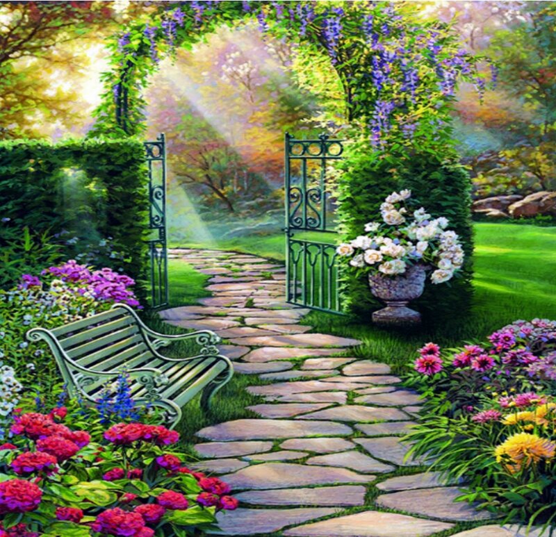 Garden Path with Bench — Green, Serene, Morning