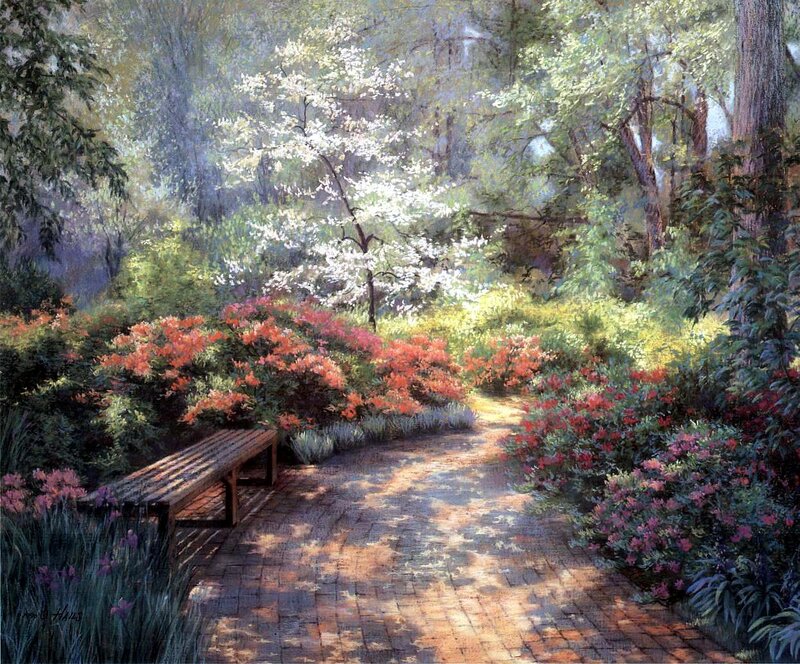 Garden Path with Bench — Green, Serene, Spring
