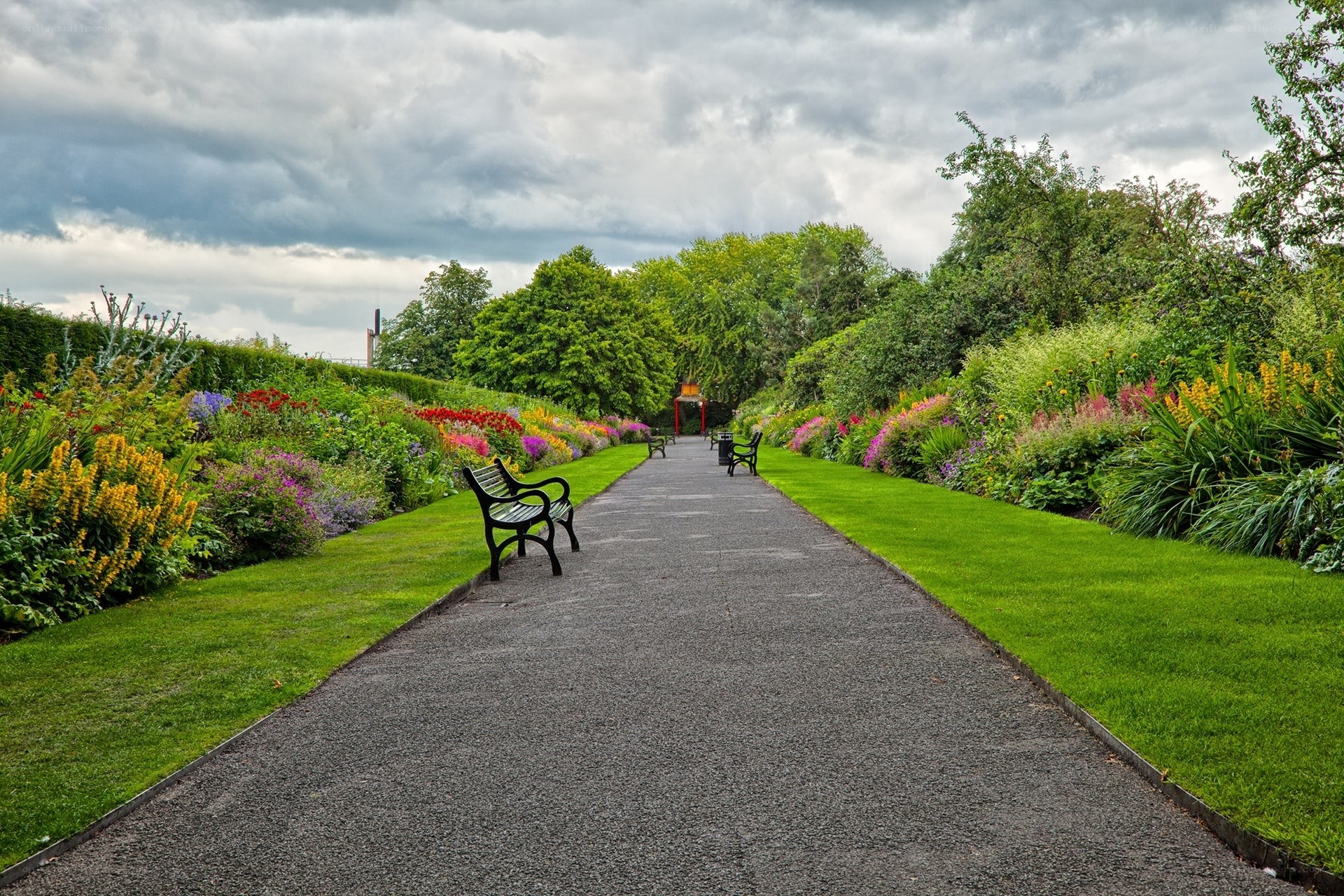 Garden path with benches