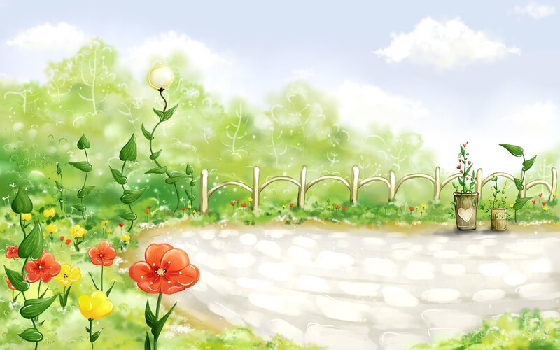 Garden Path with Flowers — Green, Serene, Afternoon, Illustration