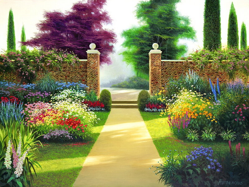 Garden Path with Flowers — Green, Serene, Afternoon, Painting, Brick Wall