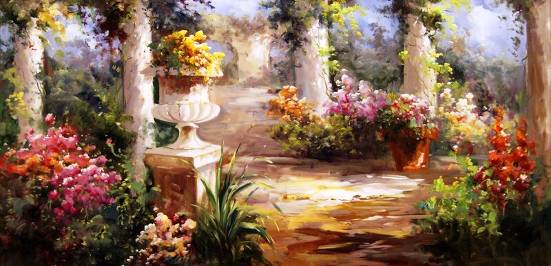 Garden Path with Flowers — Green, Serene, Afternoon, Painting, Planters