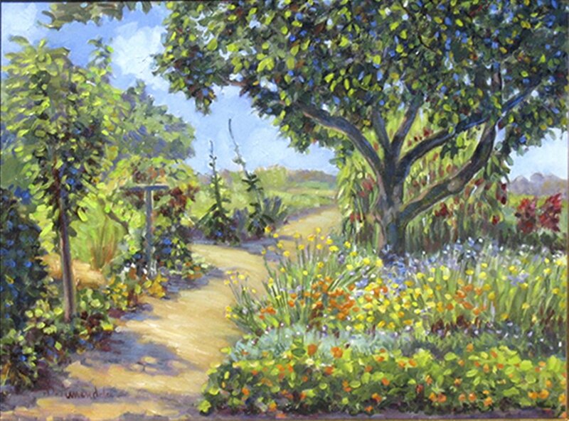 Garden Path with Flowers — Green, Serene, Afternoon, Painting, Tree, Sky