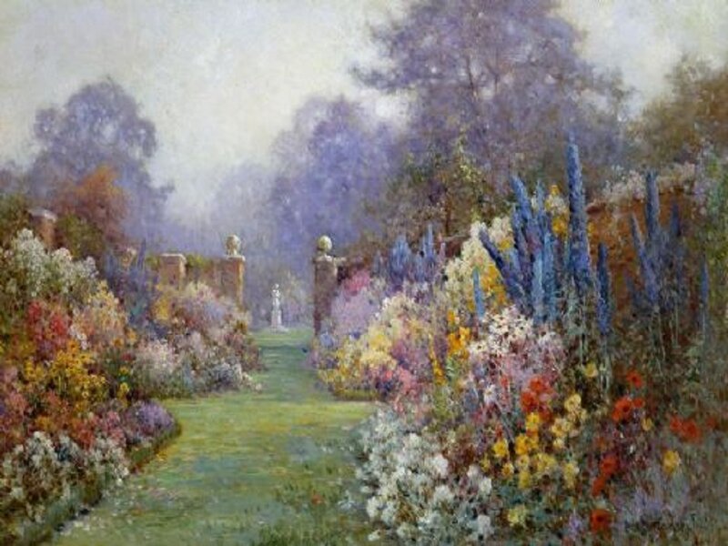 Garden Path with Flowers — Green, Serene, Afternoon, Painting, Trees, Statue